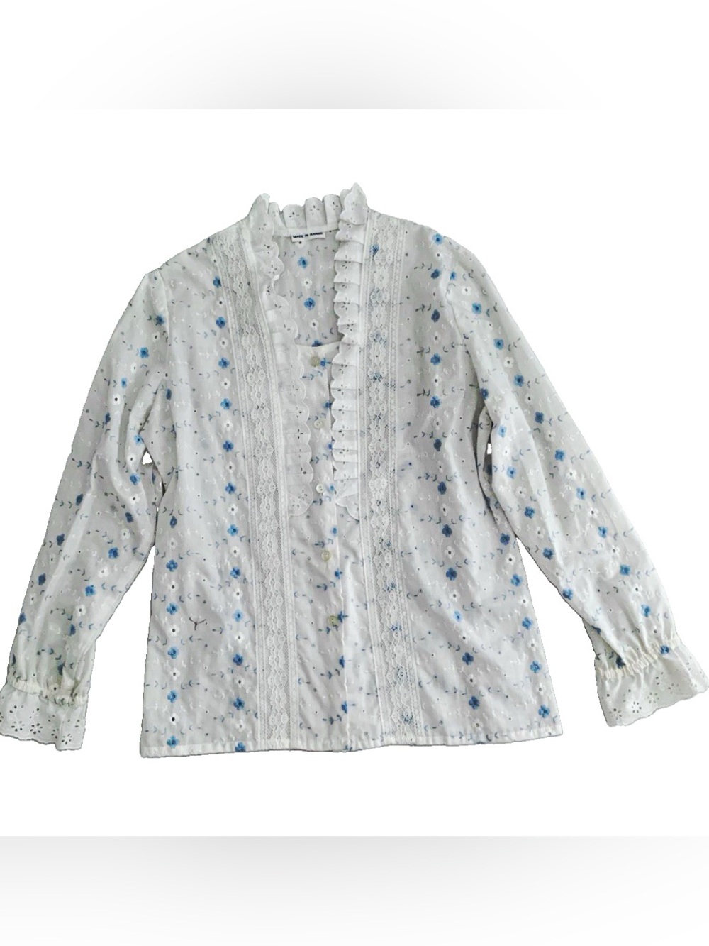 Made in Hawaii Vintage 70s 80s Prairie Cottagecore Eyelet Blouse M L White Blue